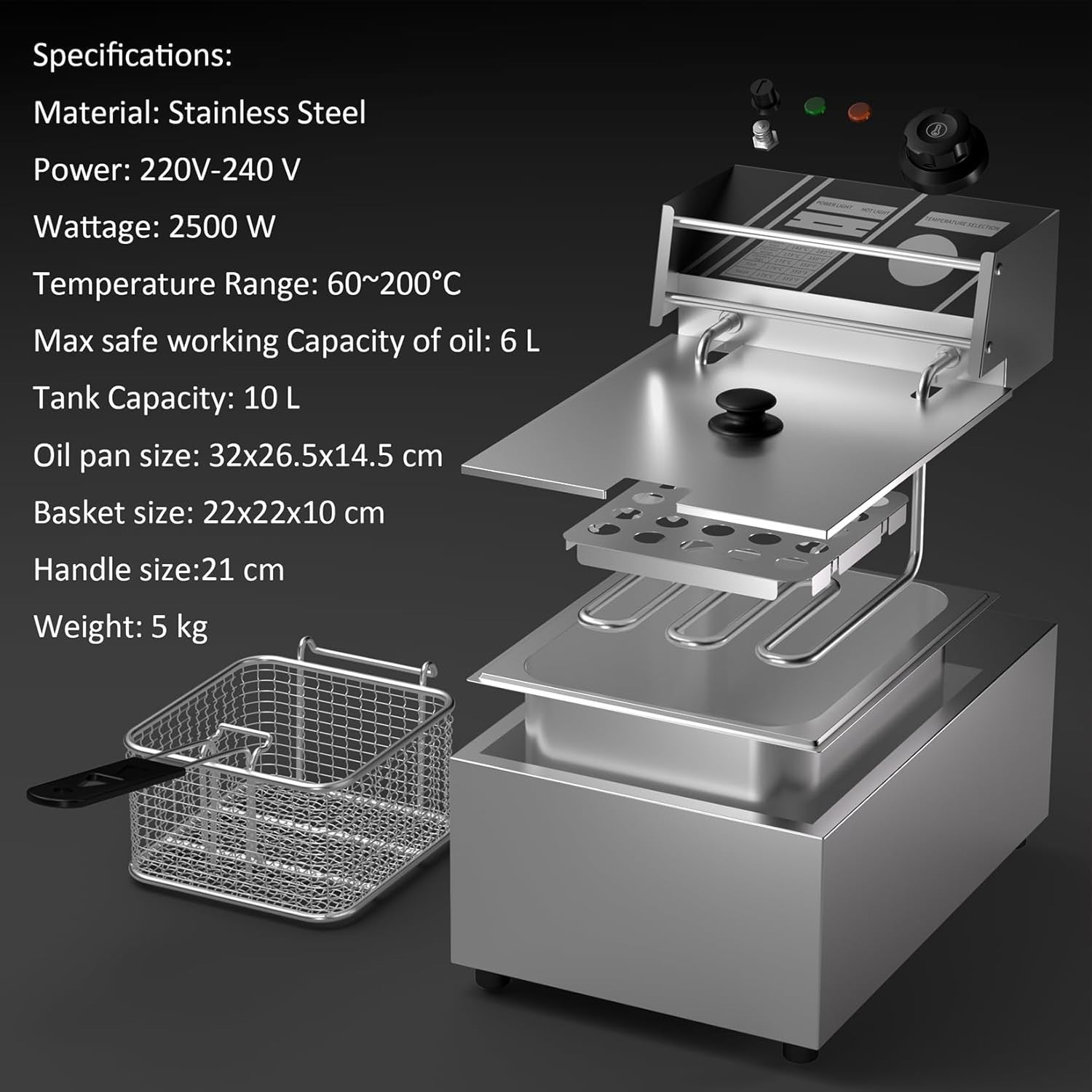 10L Deep Fat Fryer 2500W Electric Stainless Steel Countertop Fryer