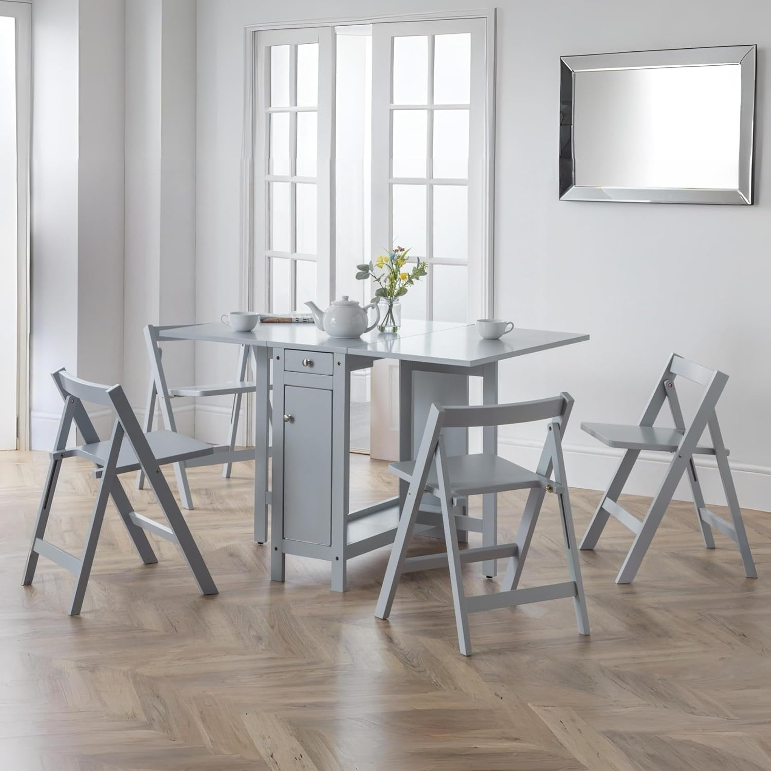 Compact Grey Dining Table Set with Foldable Chairs & Storage for Small Spaces