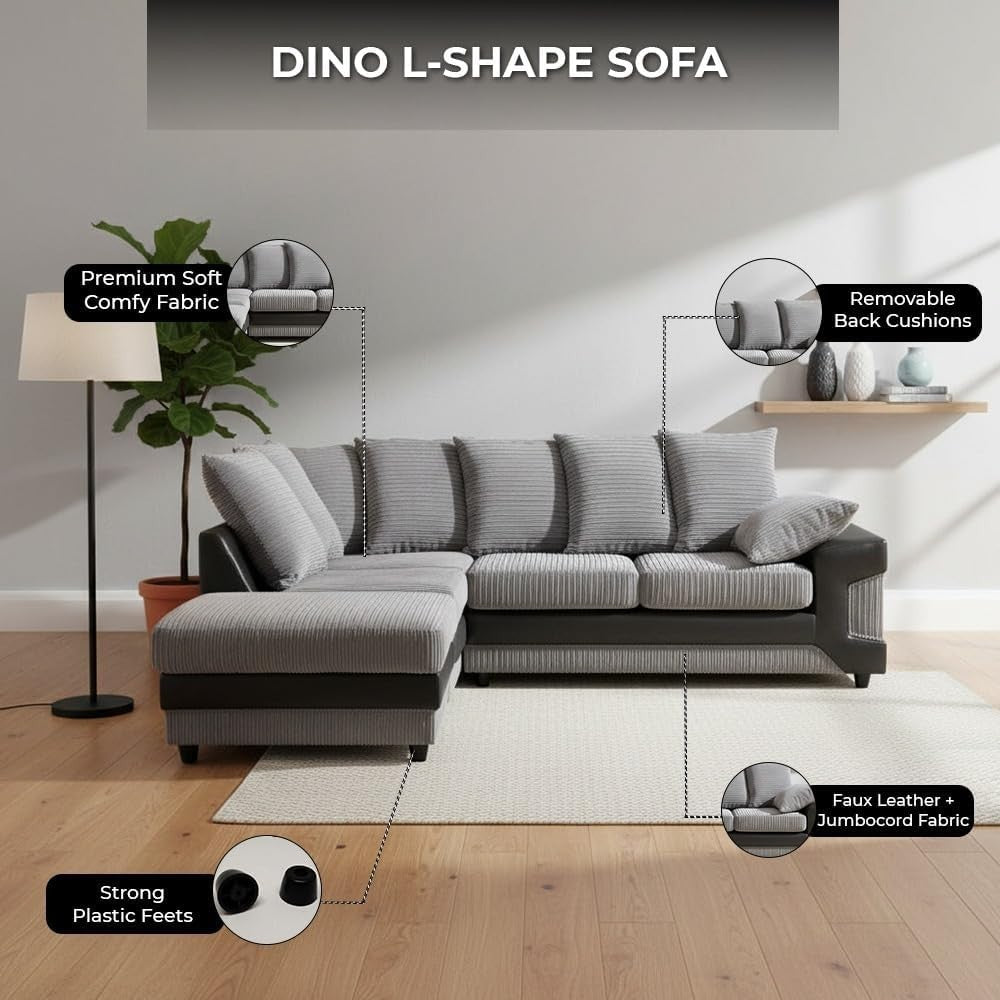 5 Seater L-Shaped Corner Sofa - Durable Jumbo Cord & Faux Leather Couch