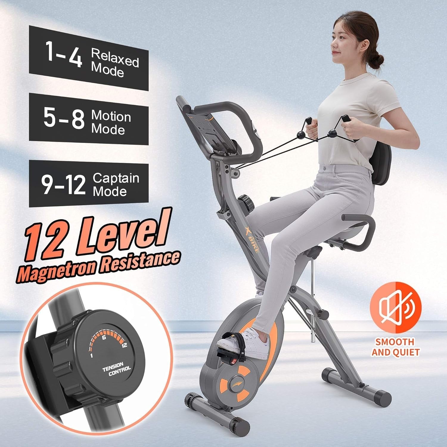 Foldable Magnetic Exercise Bike w/ 12 Levels, Arm Bands, LCD & Pulse Sensors