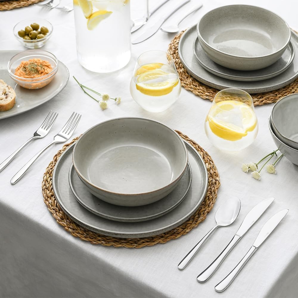 16pc Stoneware Dinner Set Grey Reactive Glaze Plates Bowls Microwave Safe