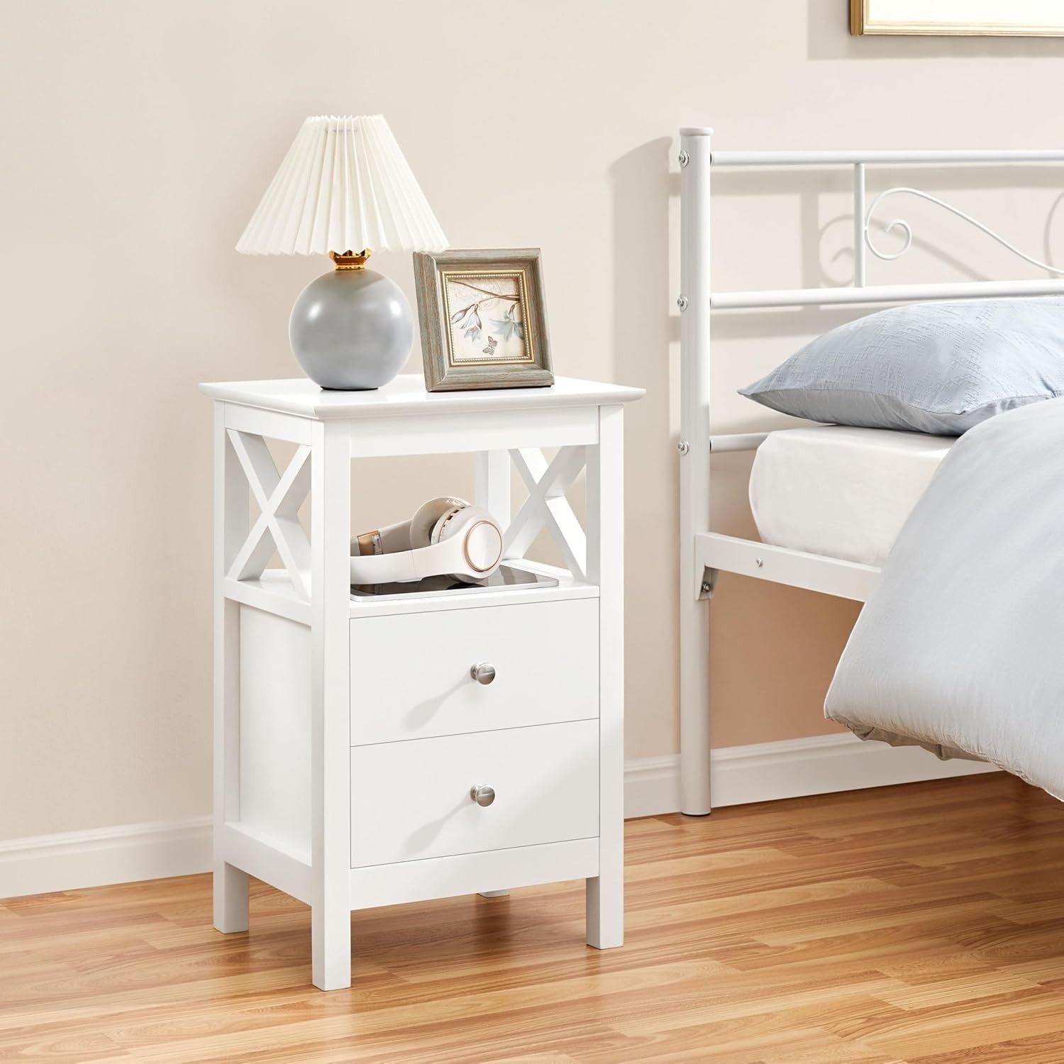 Set of 2 White Bedside Tables with Drawers & Shelf | Modern Nightstands