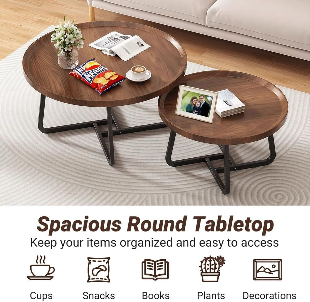 Walnut Nesting Coffee Tables Set of 2 Round Side Table Living Room Storage