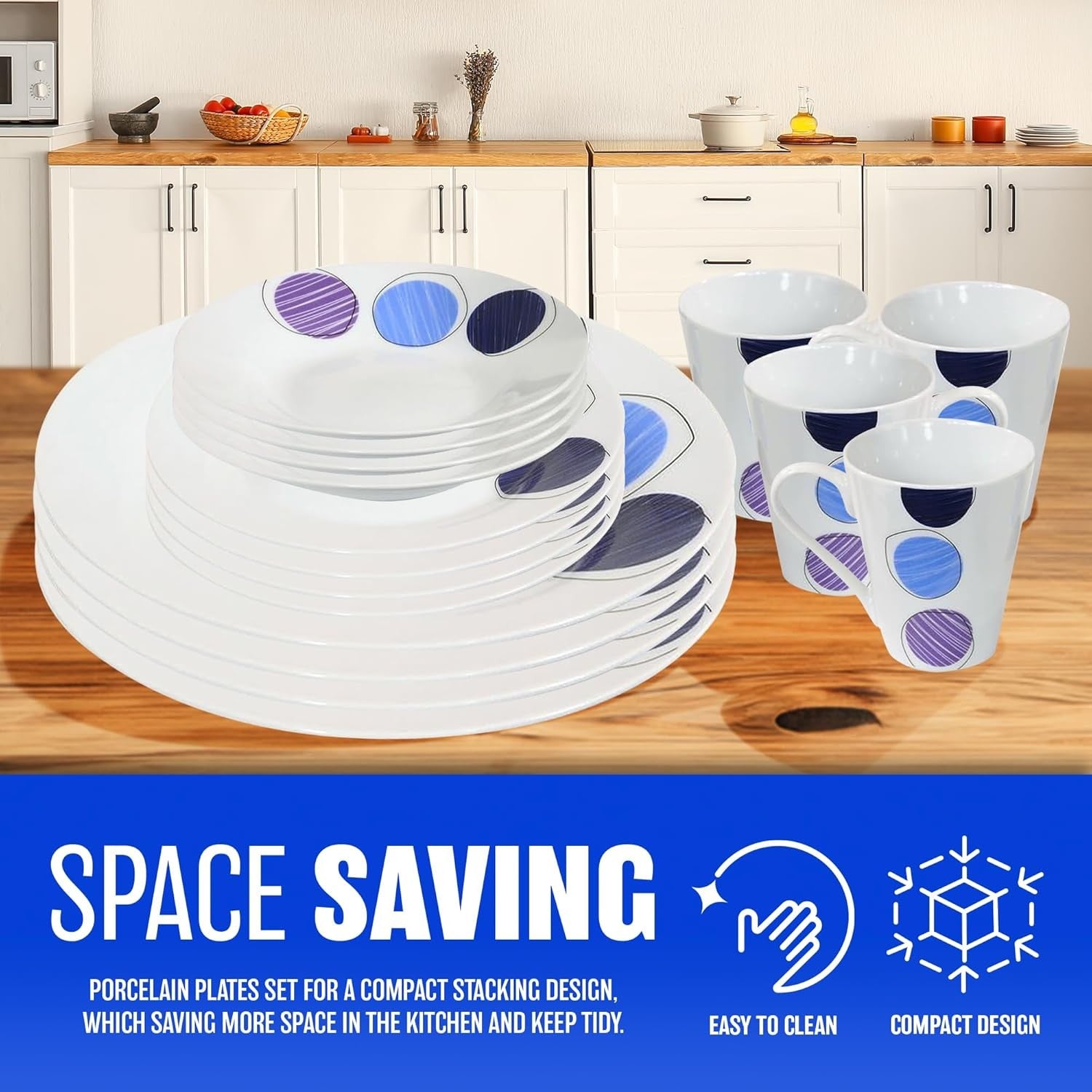 16pc Porcelain Dinner Set Plates Bowls Mugs Blue Purple Microwave Safe