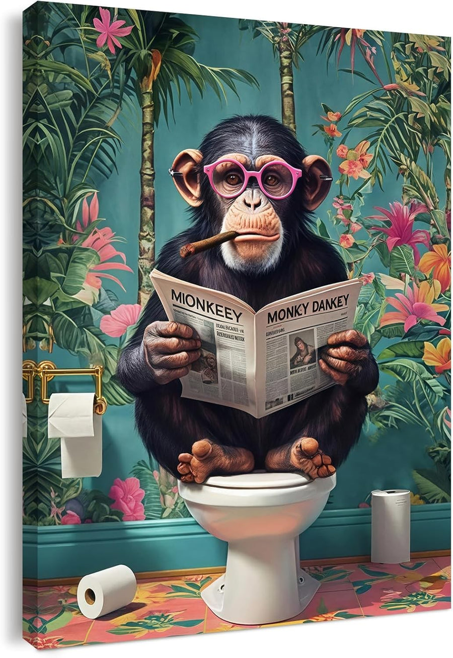 Funny Monkey Canvas Wall Art 12x16 Framed Bathroom Decor
