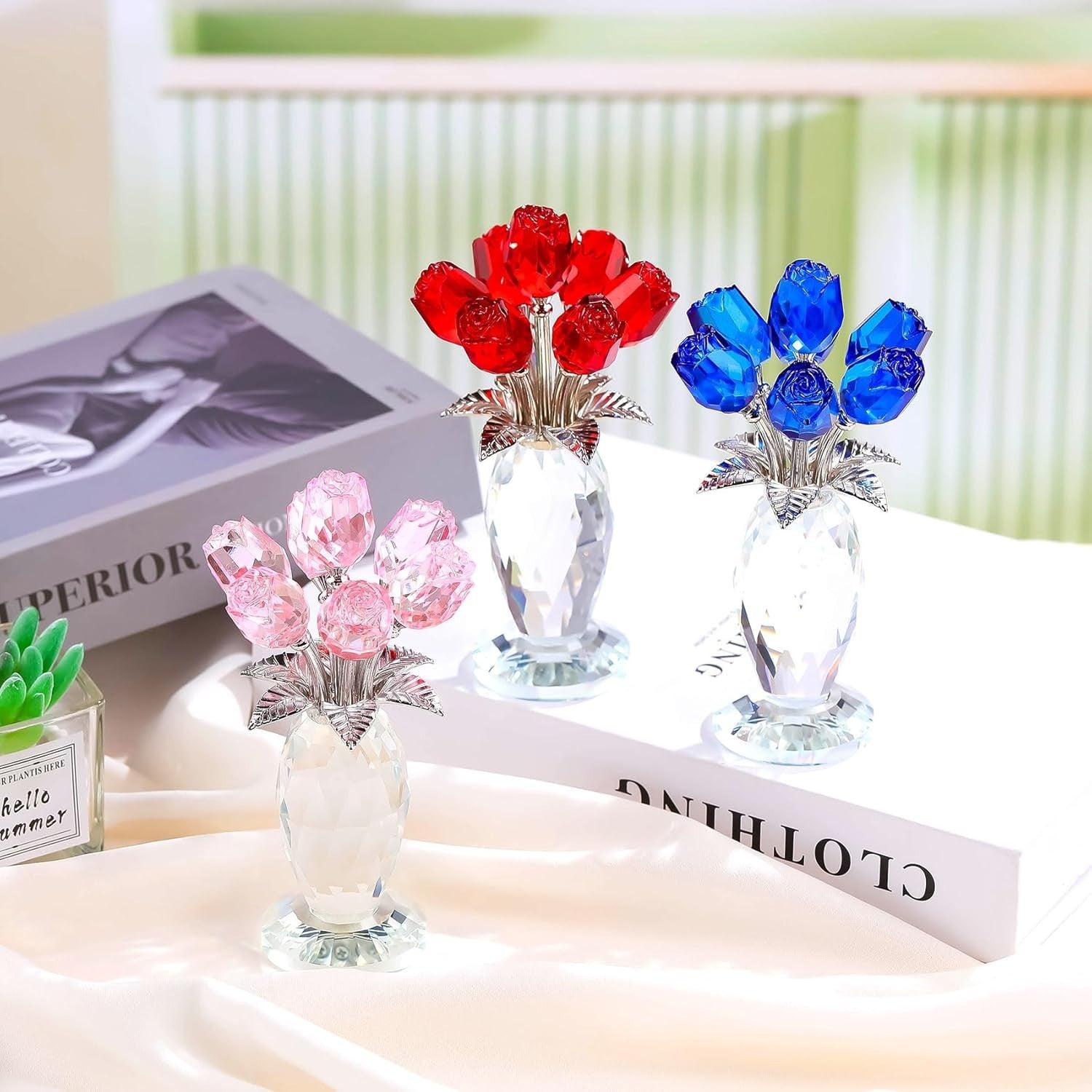 Pink Crystal Rose Bouquet Ornament Glass Flower Figurine Gift for Mum Wife Decor