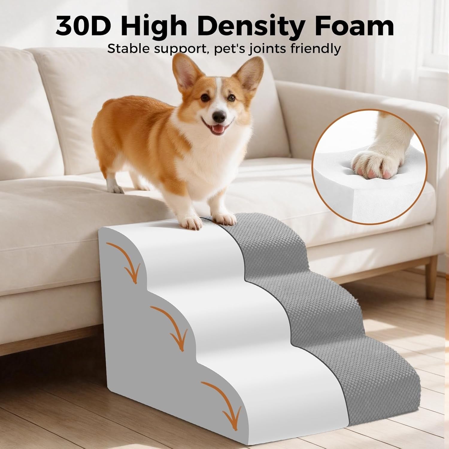Grey 3 Step Dog Stairs 30D Foam Non Slip Ramp 60x40x40cm
