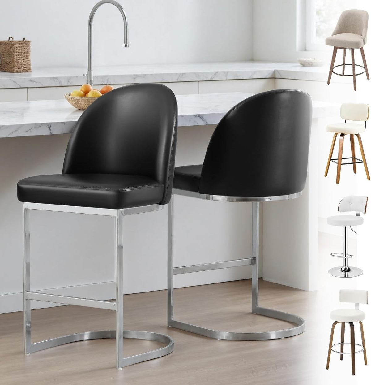 Set of 2 Black Counter Height Bar Stools PU Leather Swivel Chairs