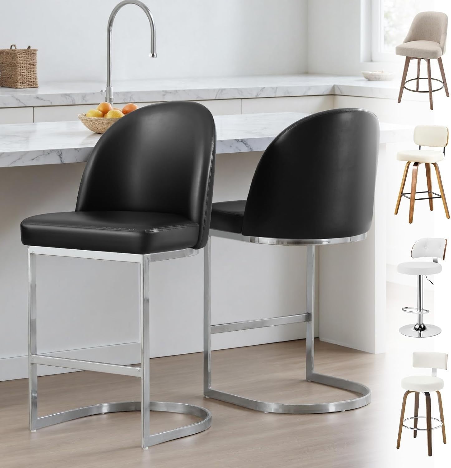 Set of 2 Black Counter Height Bar Stools PU Leather Swivel Chairs