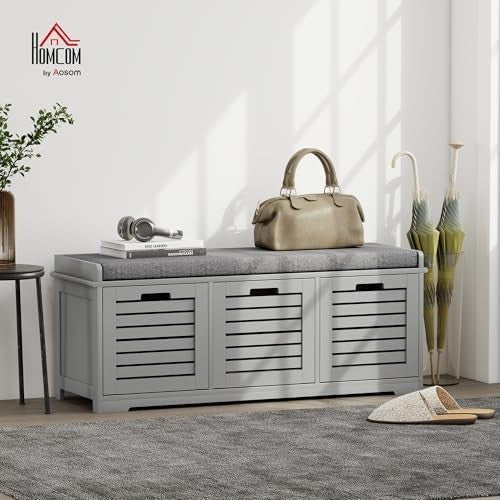 Grey Shoe Storage Bench with Cushion & 3 Drawers – Modern Hallway Seat