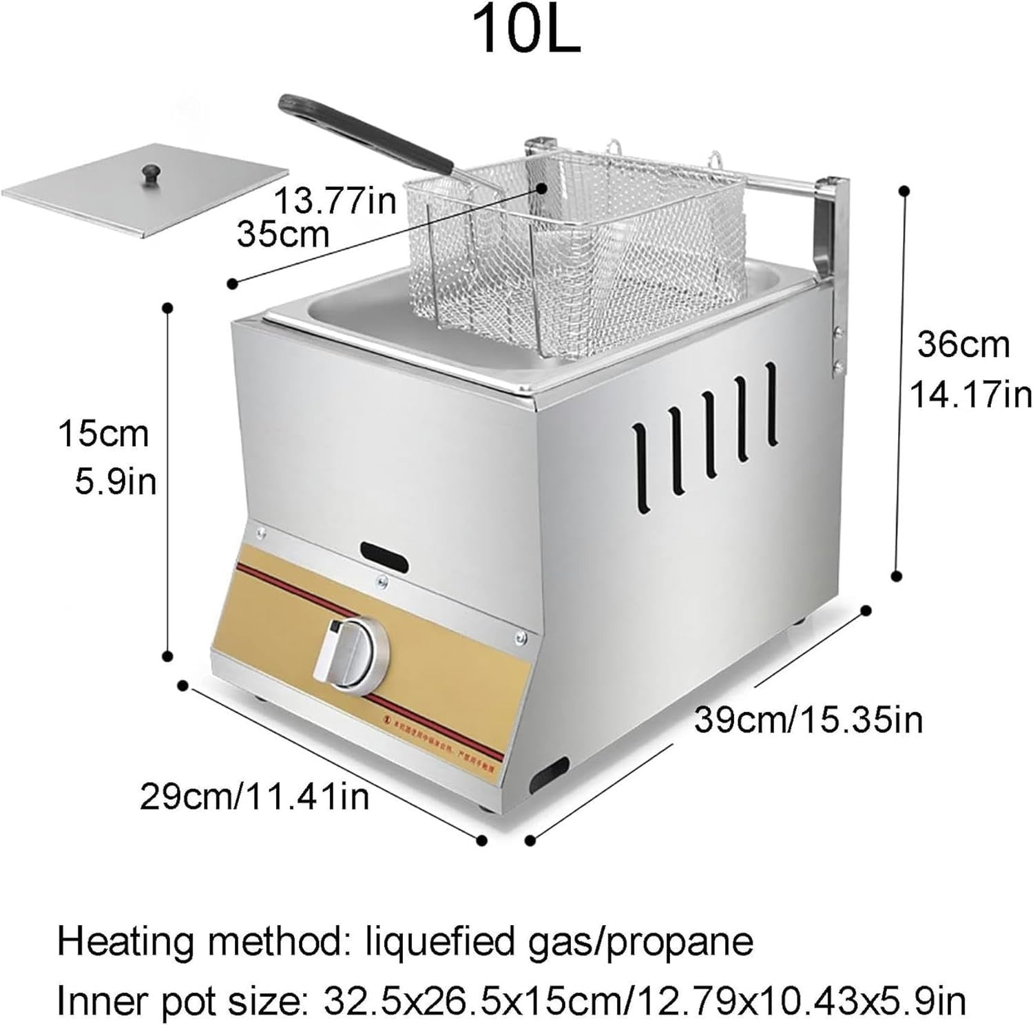 Gas Deep Fryer 10L or 20L Stainless Steel LPG Fryer Basket Lid