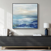 Framed Blue Abstract Coastal Canvas Wall Art 30x30 in Home Decor