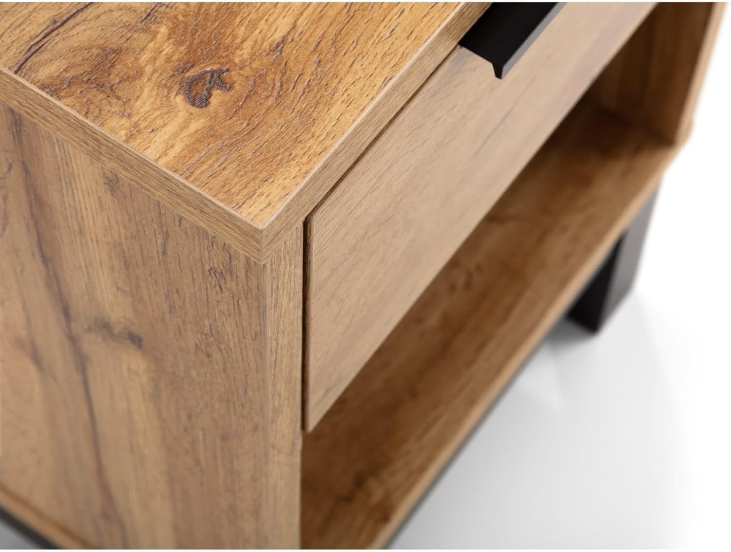 Modern Oak Wood Bedside Table | 1 Drawer Nightstand with Open Shelf & Black Legs