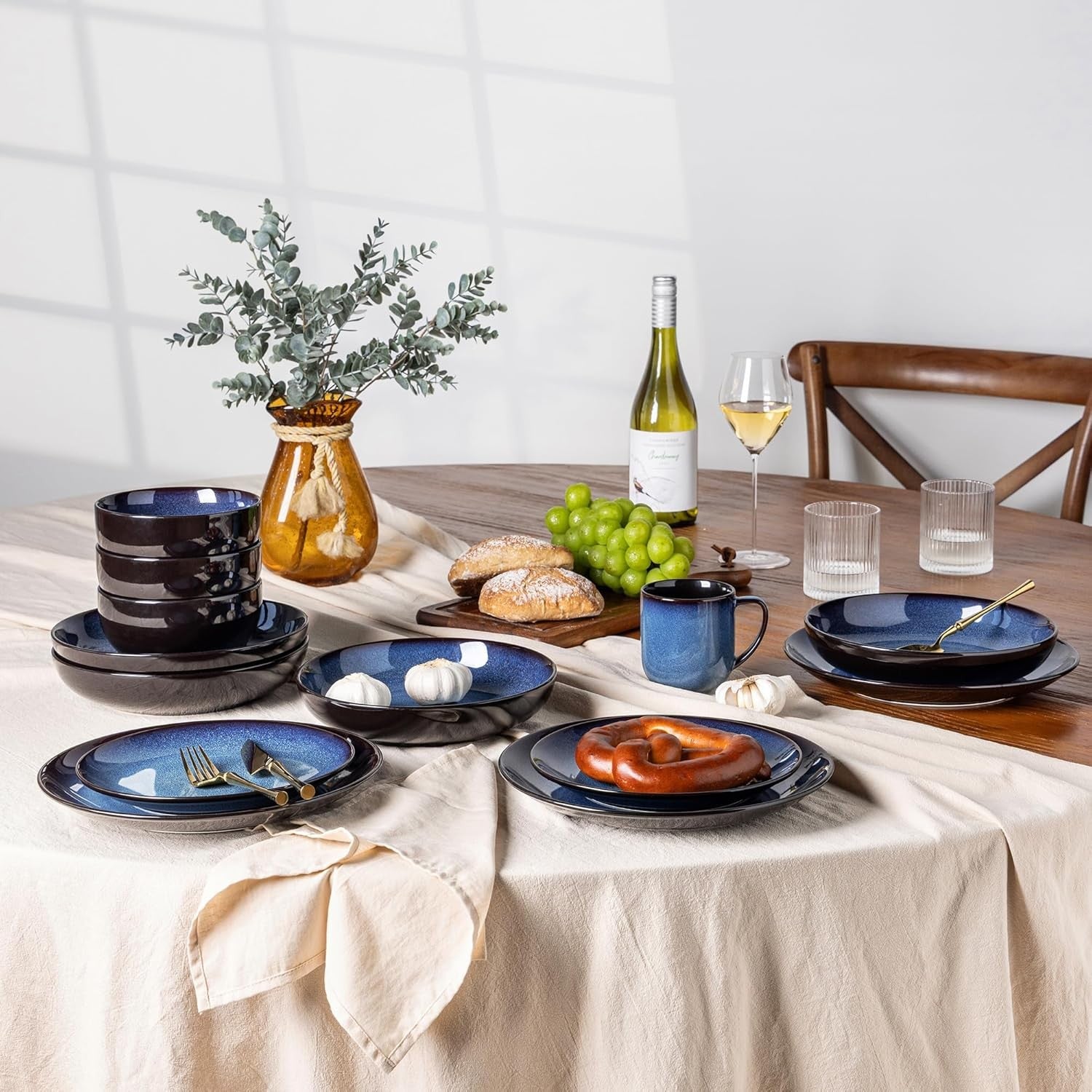 18 Piece Stoneware Dinner Set for 6 Blue Reactive Glaze Plates Bowls