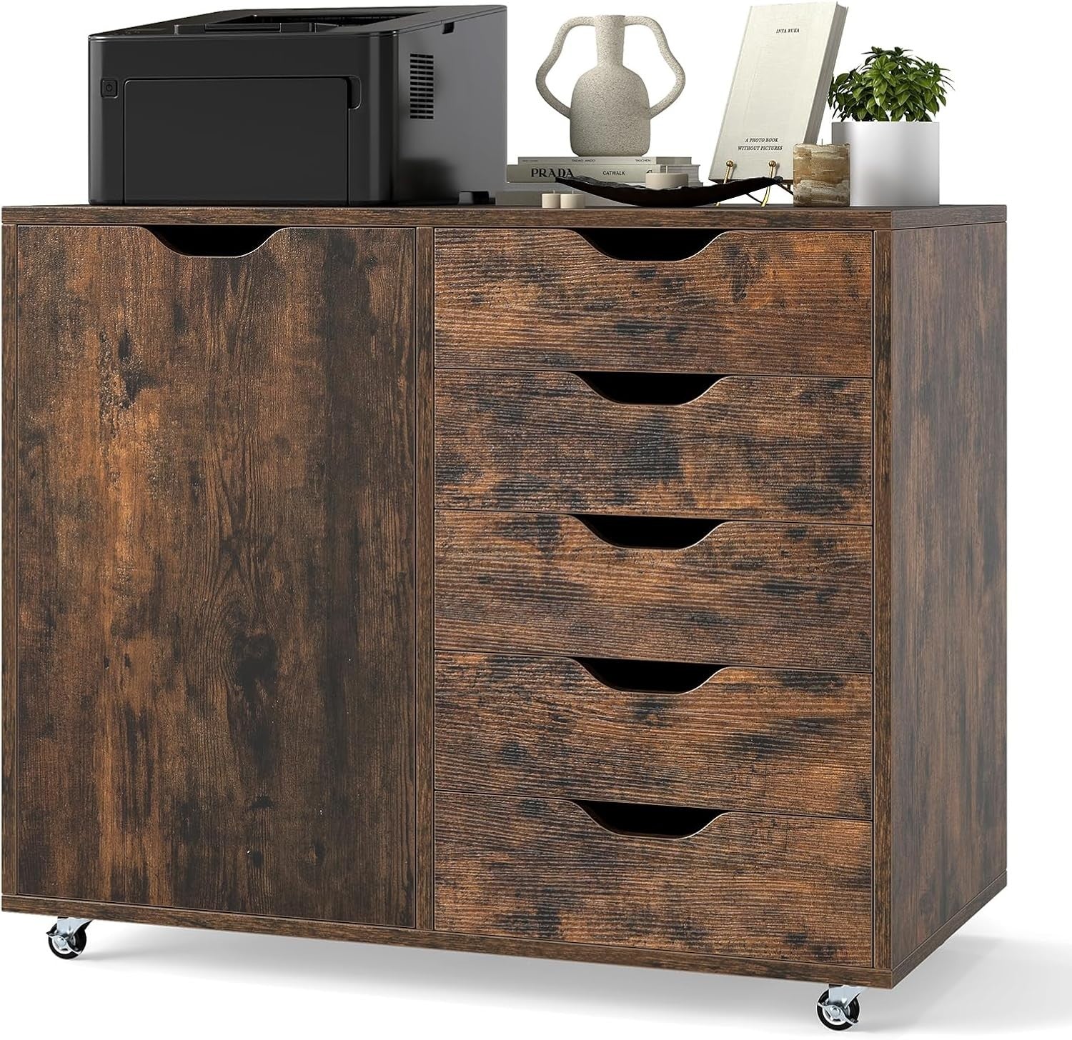 Rustic Brown Mobile File Cabinet 78x40x65cm 5 Drawer Printer Stand