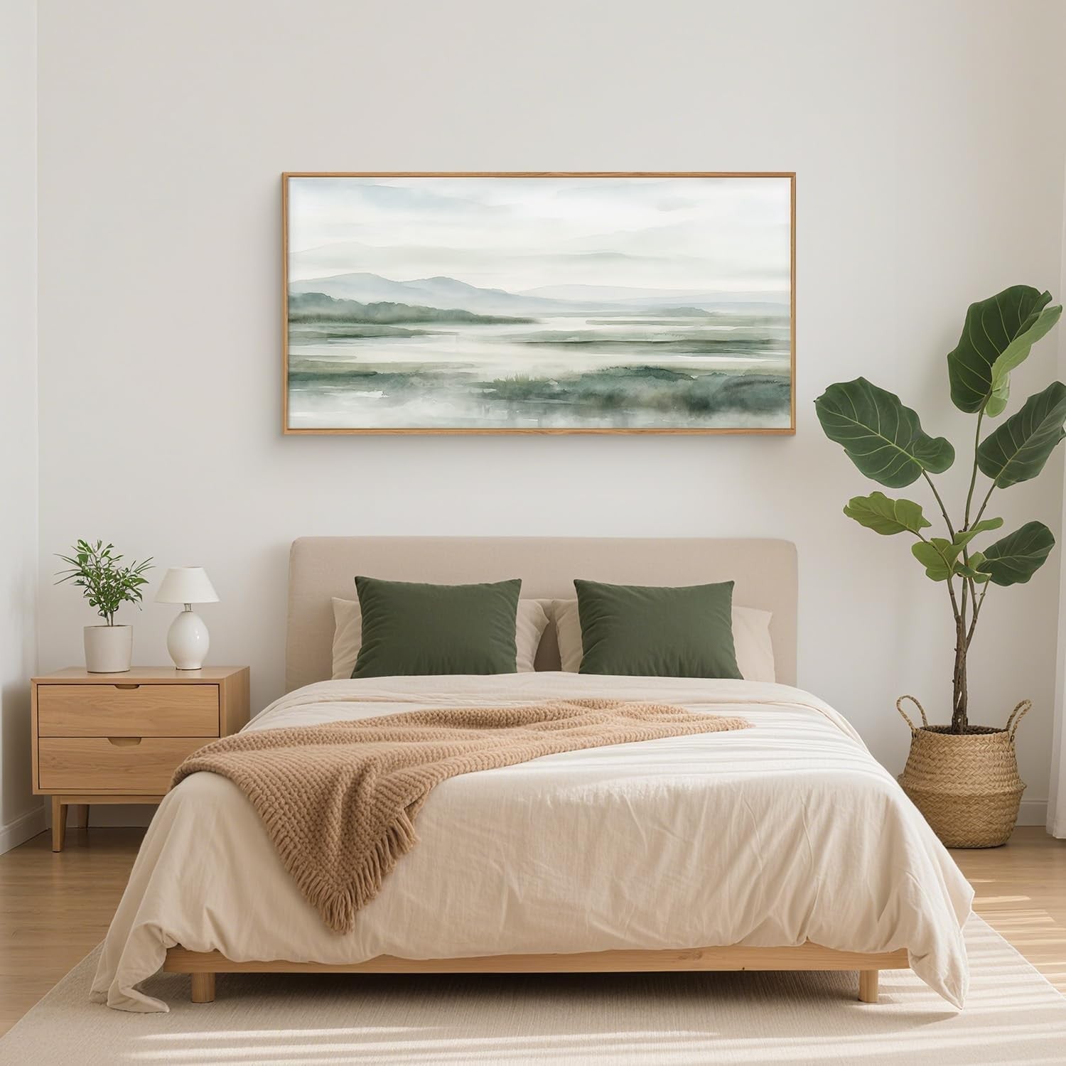 Large Green Mountain Canvas Wall Art Watercolor Landscape Framed 20x40
