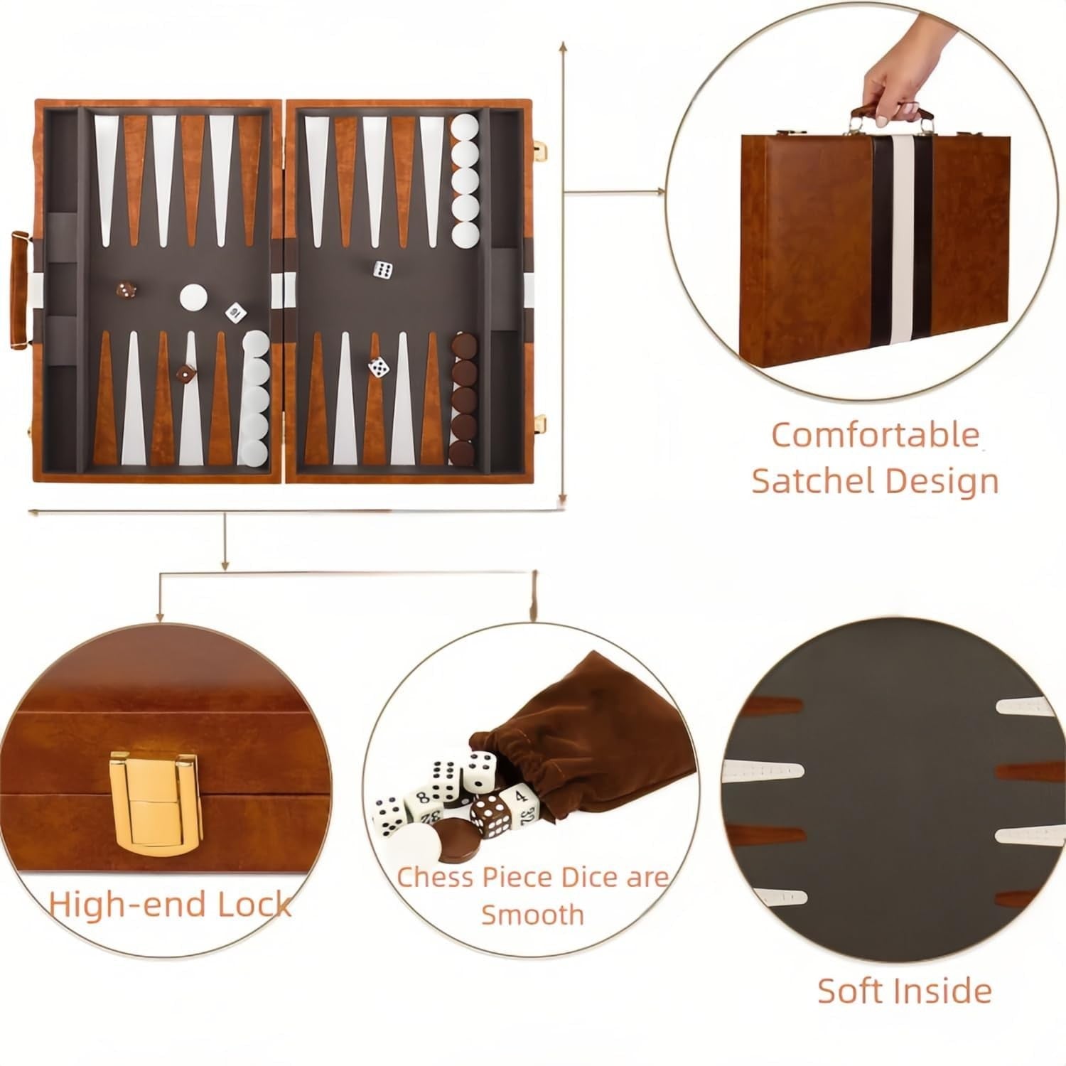 15” Backgammon Set Travel Leather Case Folding Board Luxury Strategy Game