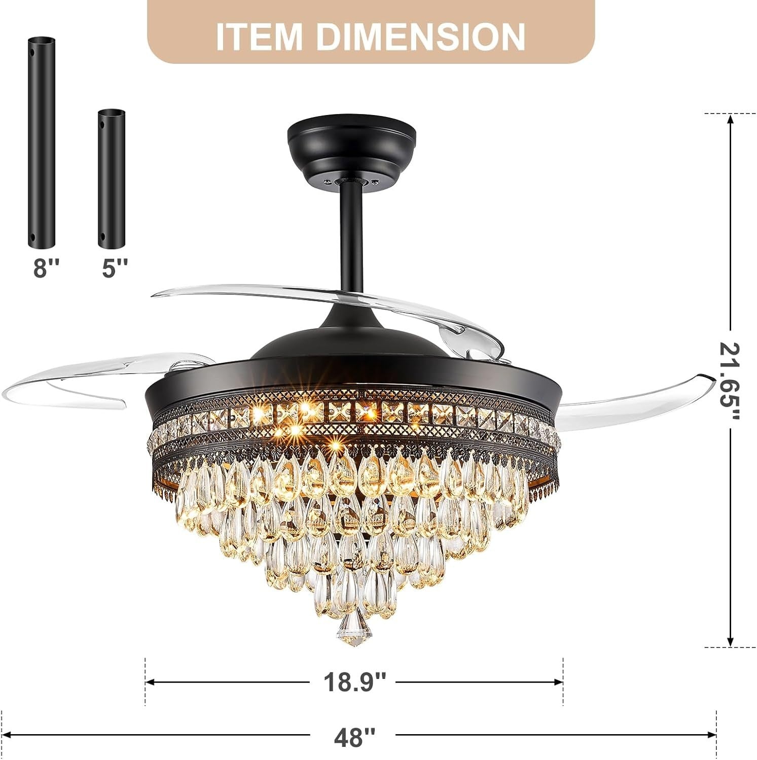 48" Chandelier Ceiling Fan with Light, Black, Retractable, LED, Remote