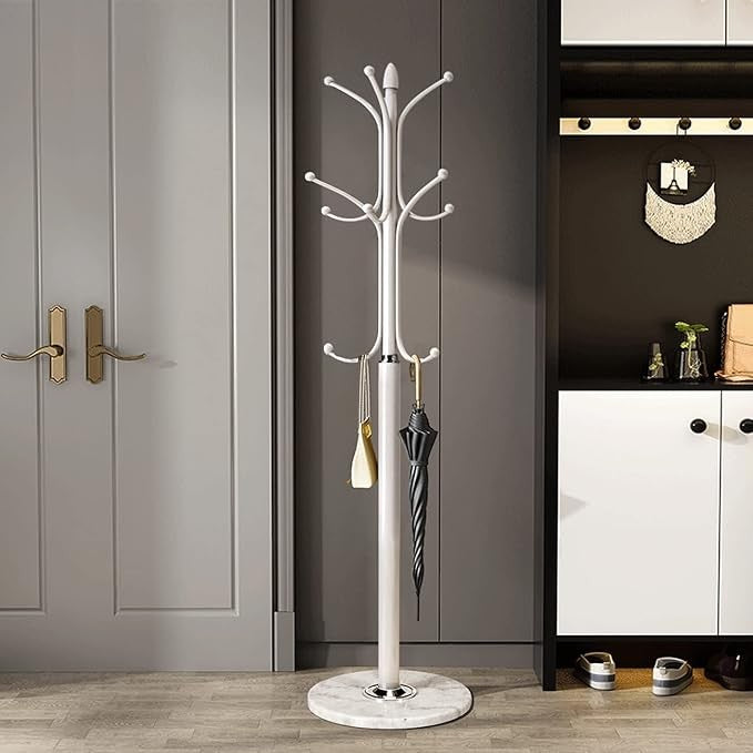 White Metal Coat Rack Stand with Marble Base 12 Hooks Hall Tree for Entryway