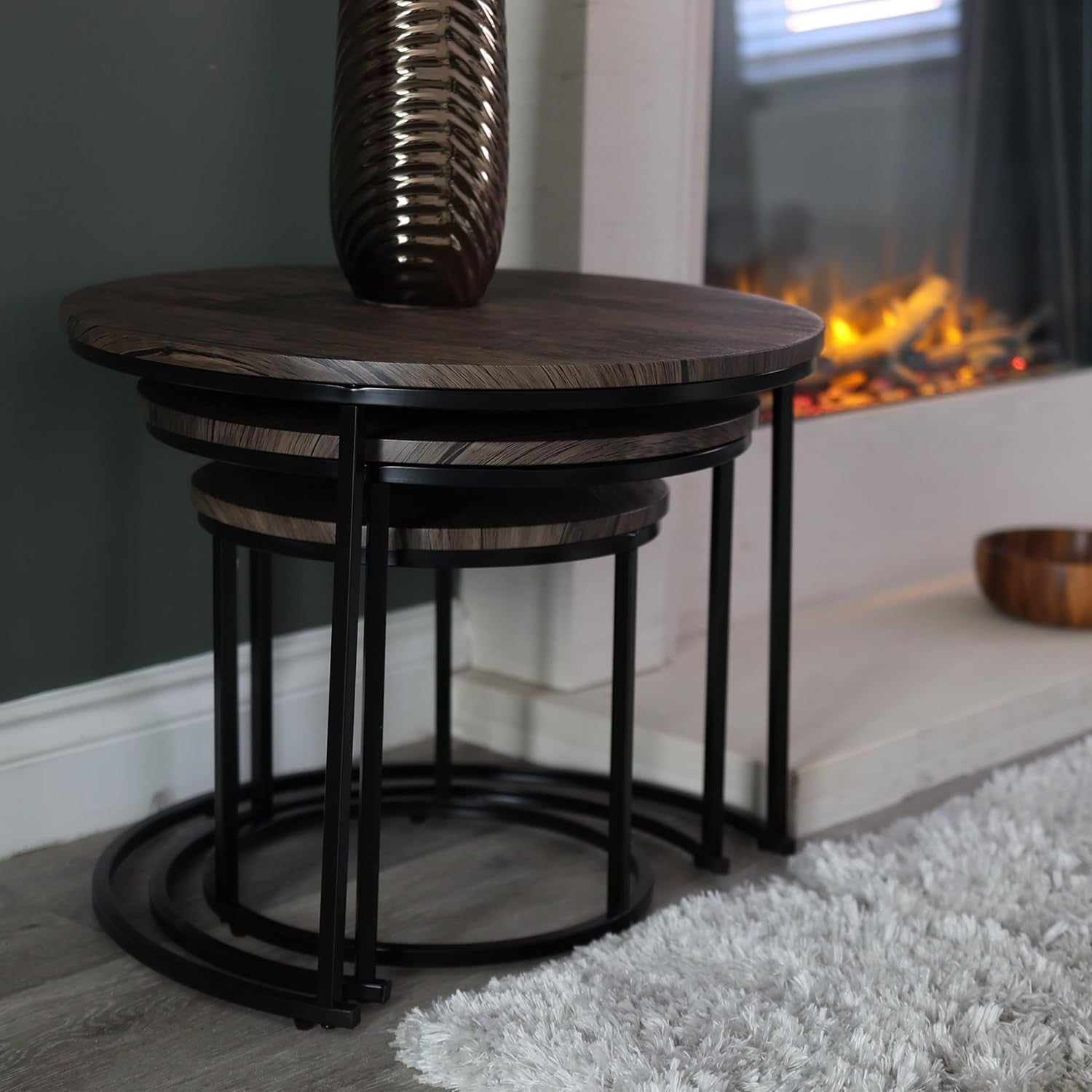 Space Saving Nesting End Tables Set 3 Black Wood Look Side Coffee Accent