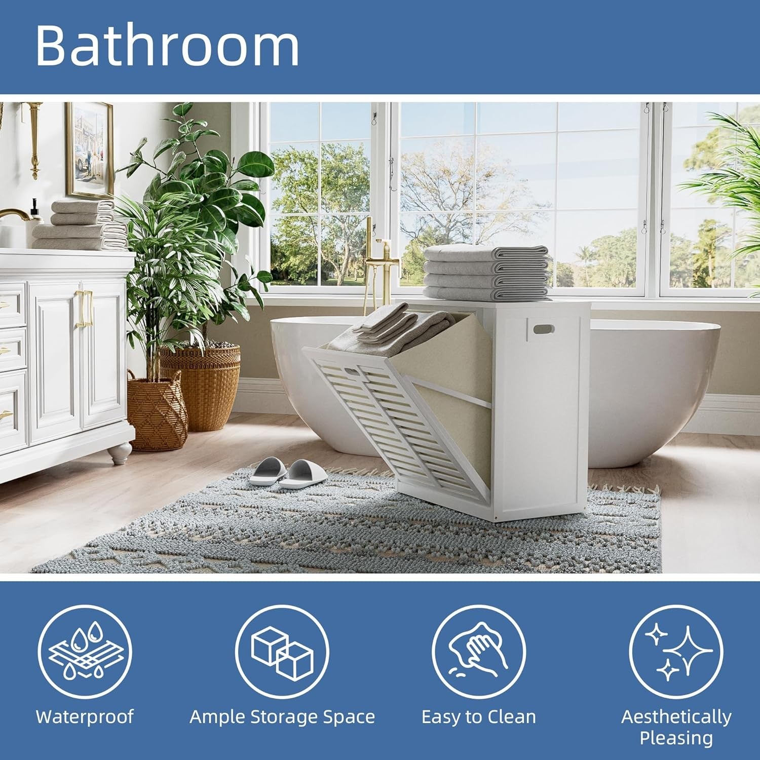 White Bamboo Tilt Out Laundry Hamper Cabinet with Hidden Basket Storage