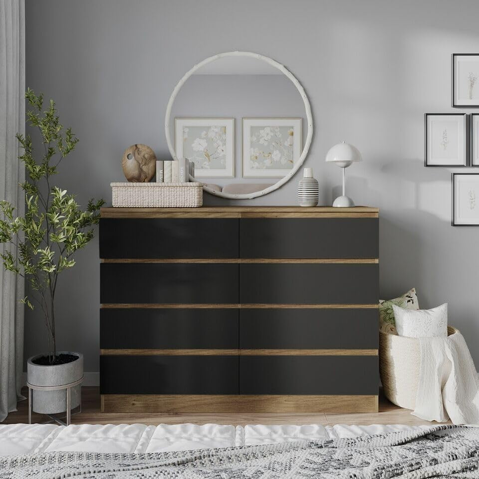 Modern Oak Black 8 Drawer Chest Cabinet Bedroom Dresser Storage Unit