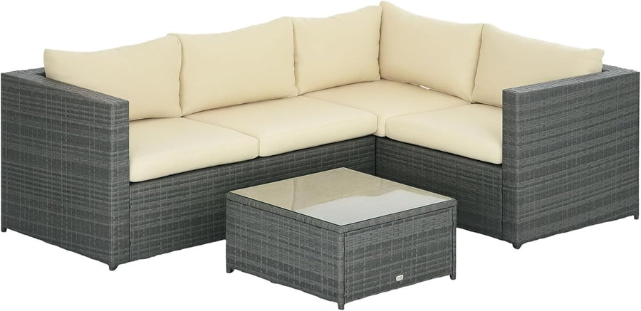4 Seater PE Rattan Garden Sofa Set with Thick Cushions & Glass Table
