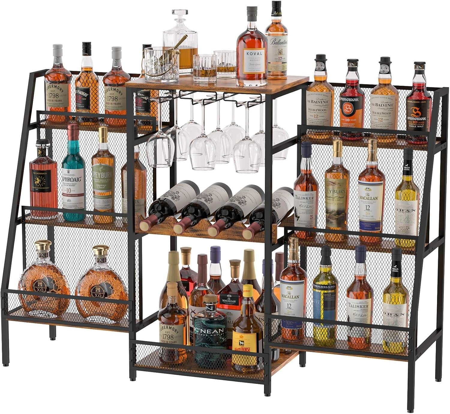 Freestanding Bar Stand with Glass Holder, 6-Tier Liquor Display Shelf Vintage