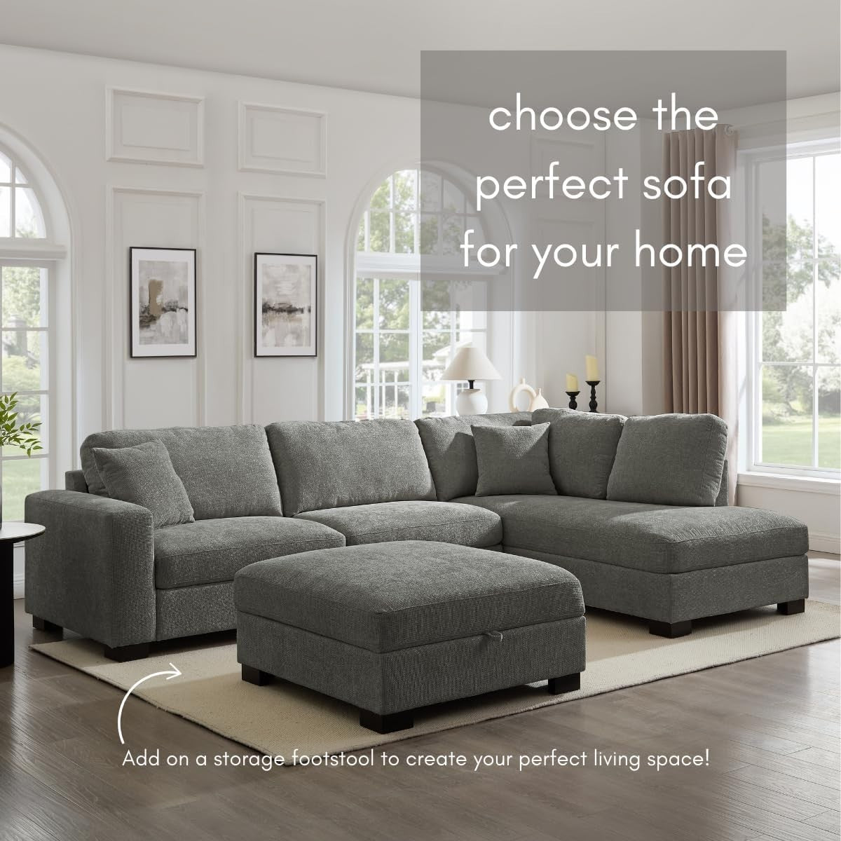L-Shape Large Corner Sofa 5 Seater Grey Chenille Right Hand Facing