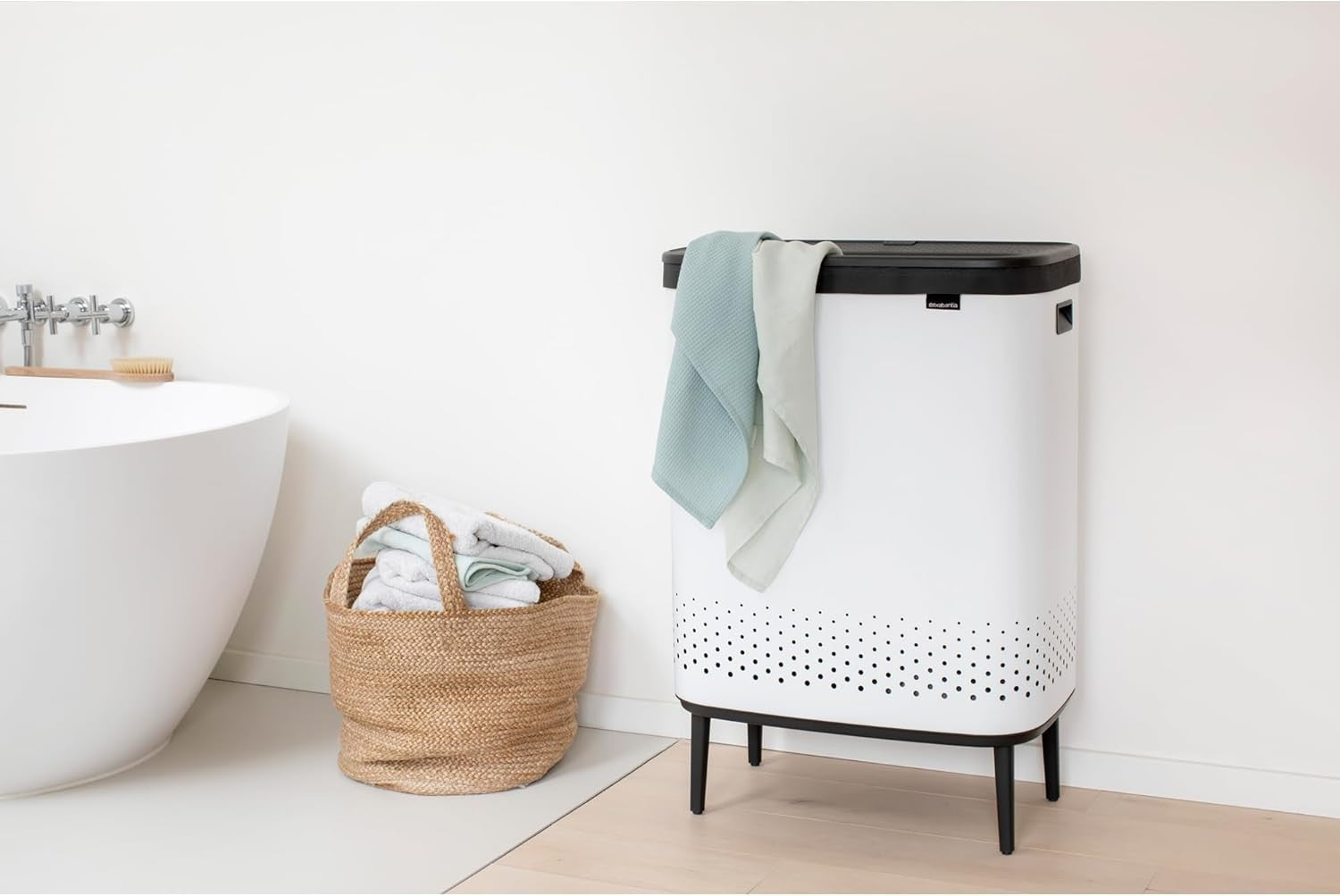 Modern 2×45L Laundry Bin with Lid, Quick-Drop Opening & Removable Bags White