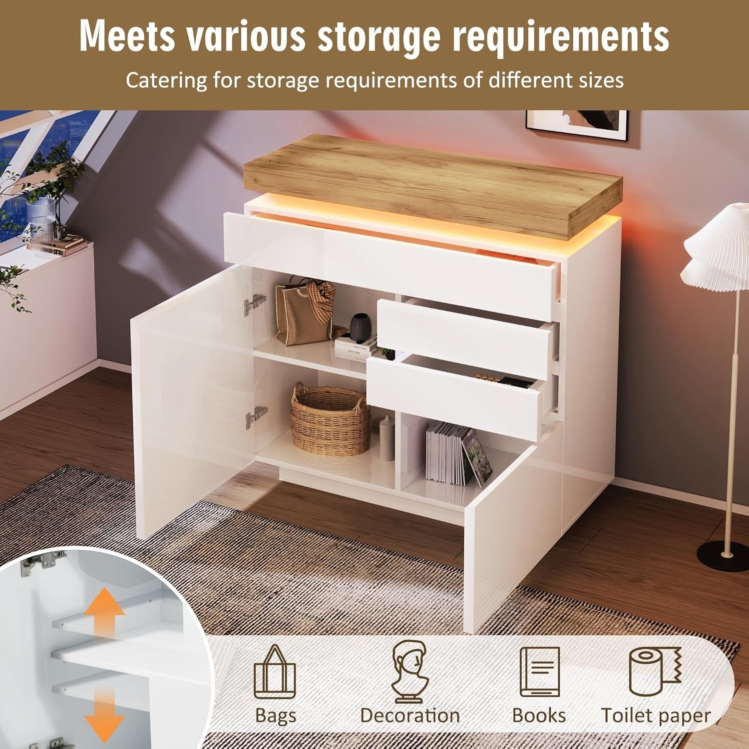 Modern LED Sideboard Cabinet Gloss 3 Drawer 2 Door Storage Unit White