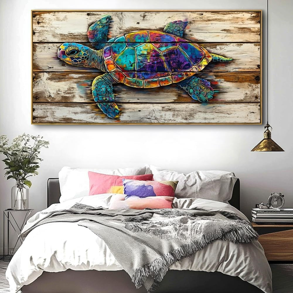 Sea Turtle Abstract Wall Art – Large Framed Canvas Painting 40x20in