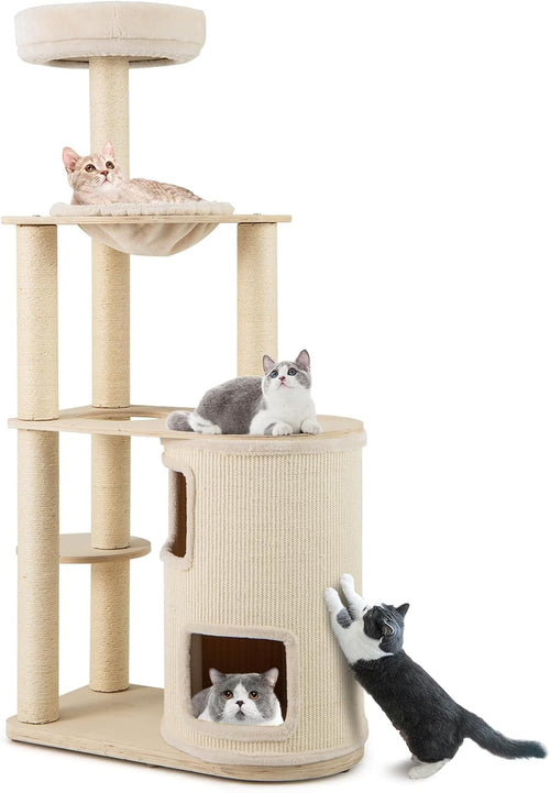 151cm Wooden Cat Tree with Condo Hammock Scratching Posts Indoor Climbing Tower