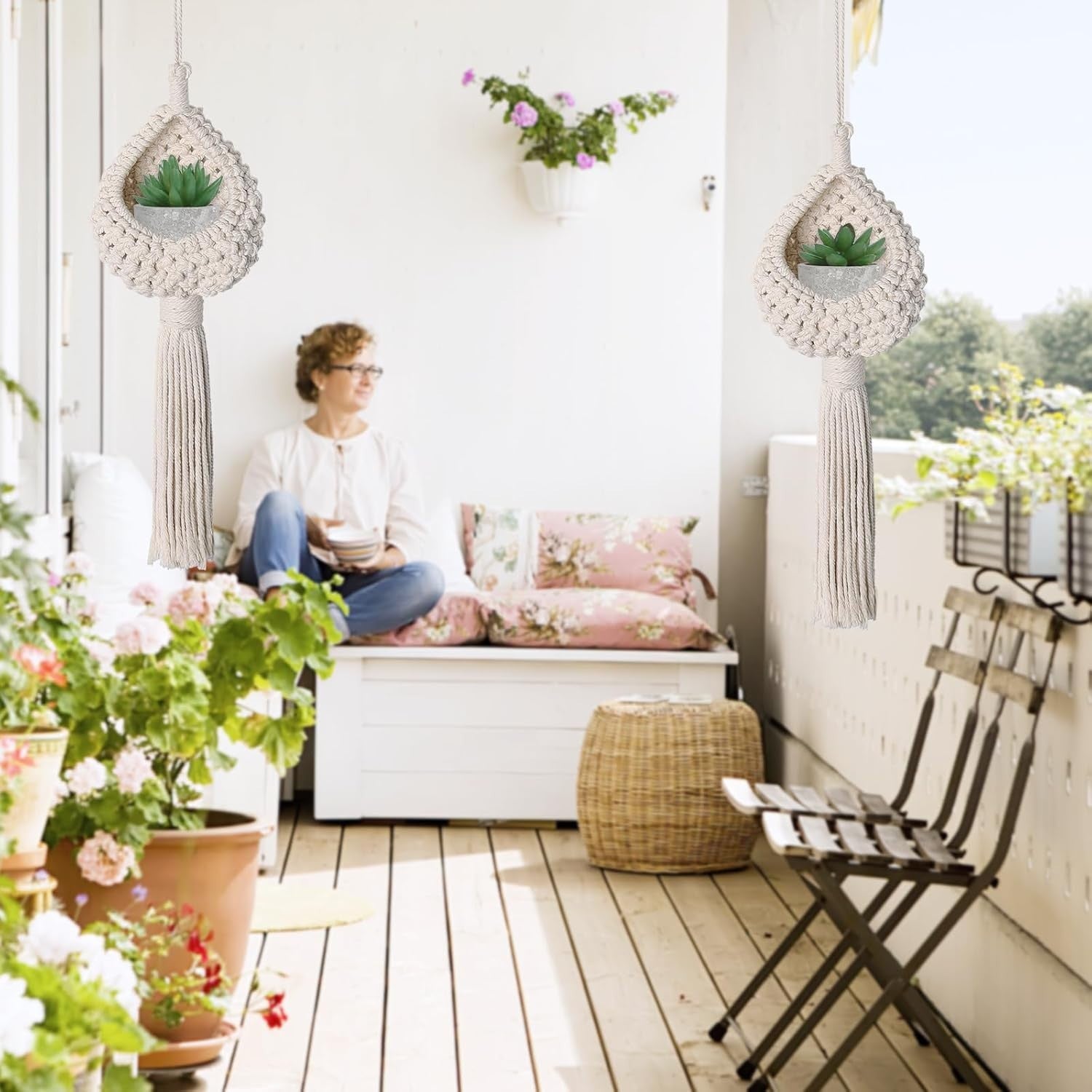 2-Pack Boho Macrame Plant Hangers Cotton Hanging Basket Decor
