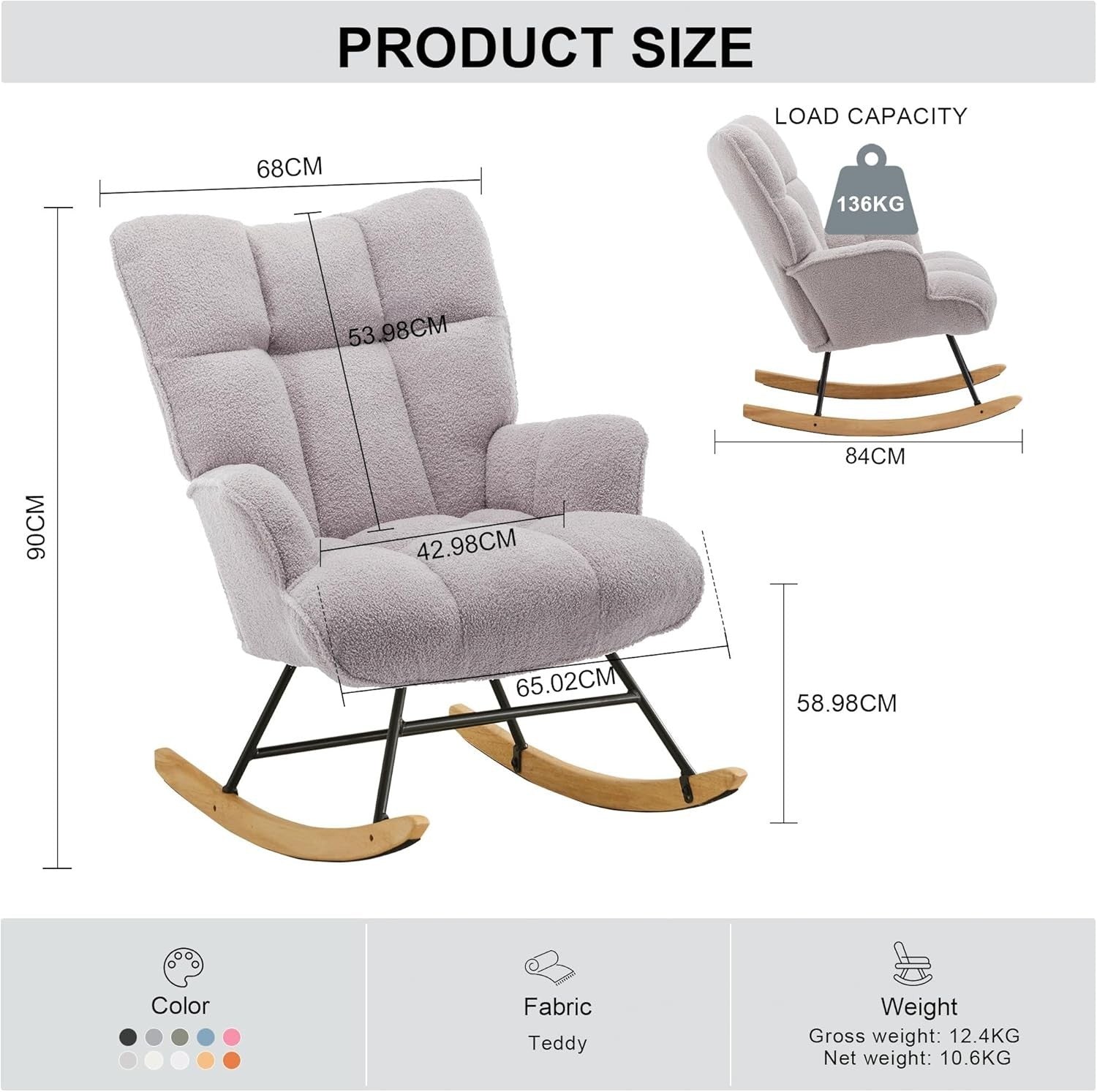 Rocking Chair Nursery Glider Comfy Armchair High Back Padded Seat Grey Teddy