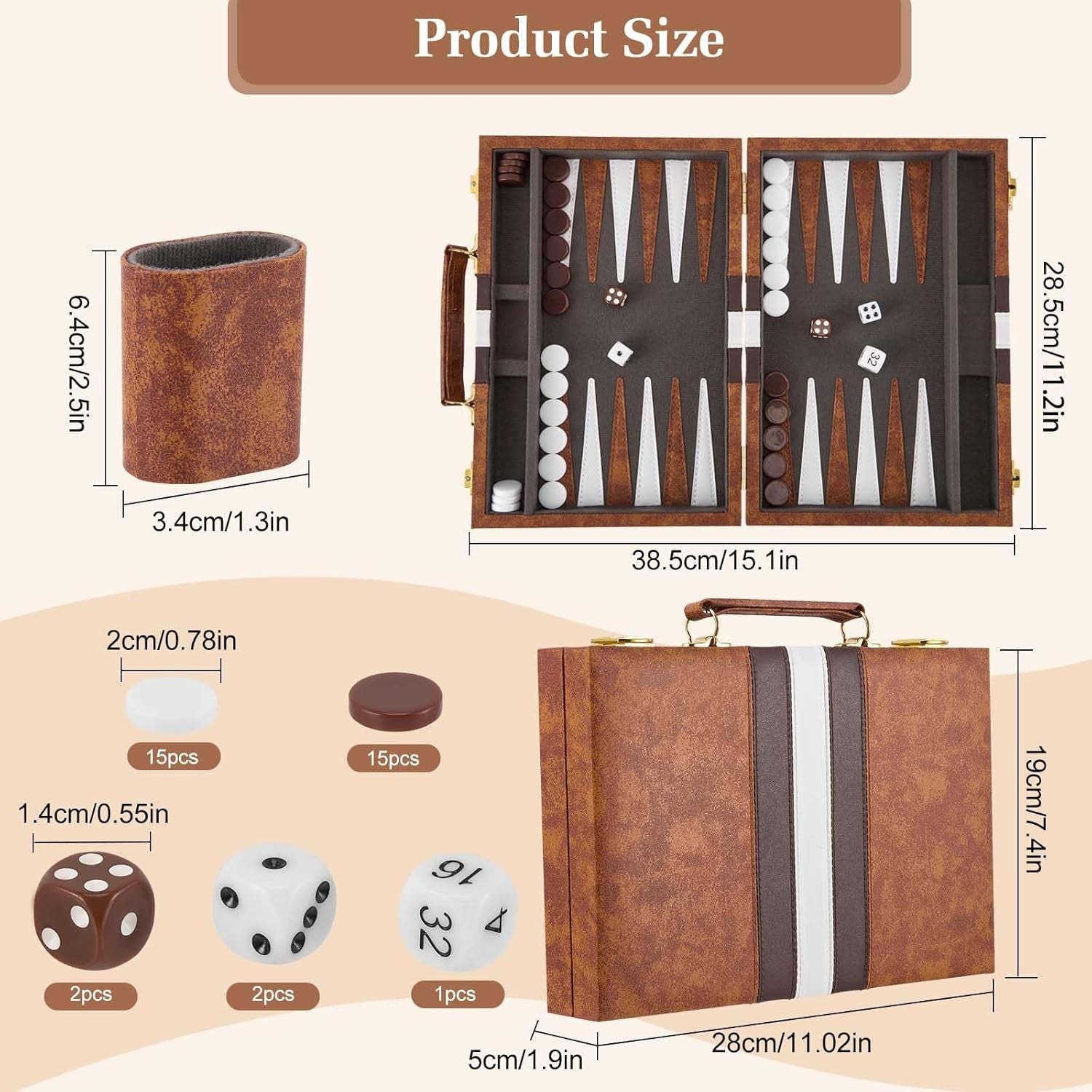 Backgammon Set 11in Wooden Travel Board Game Leather Case for 2 Players