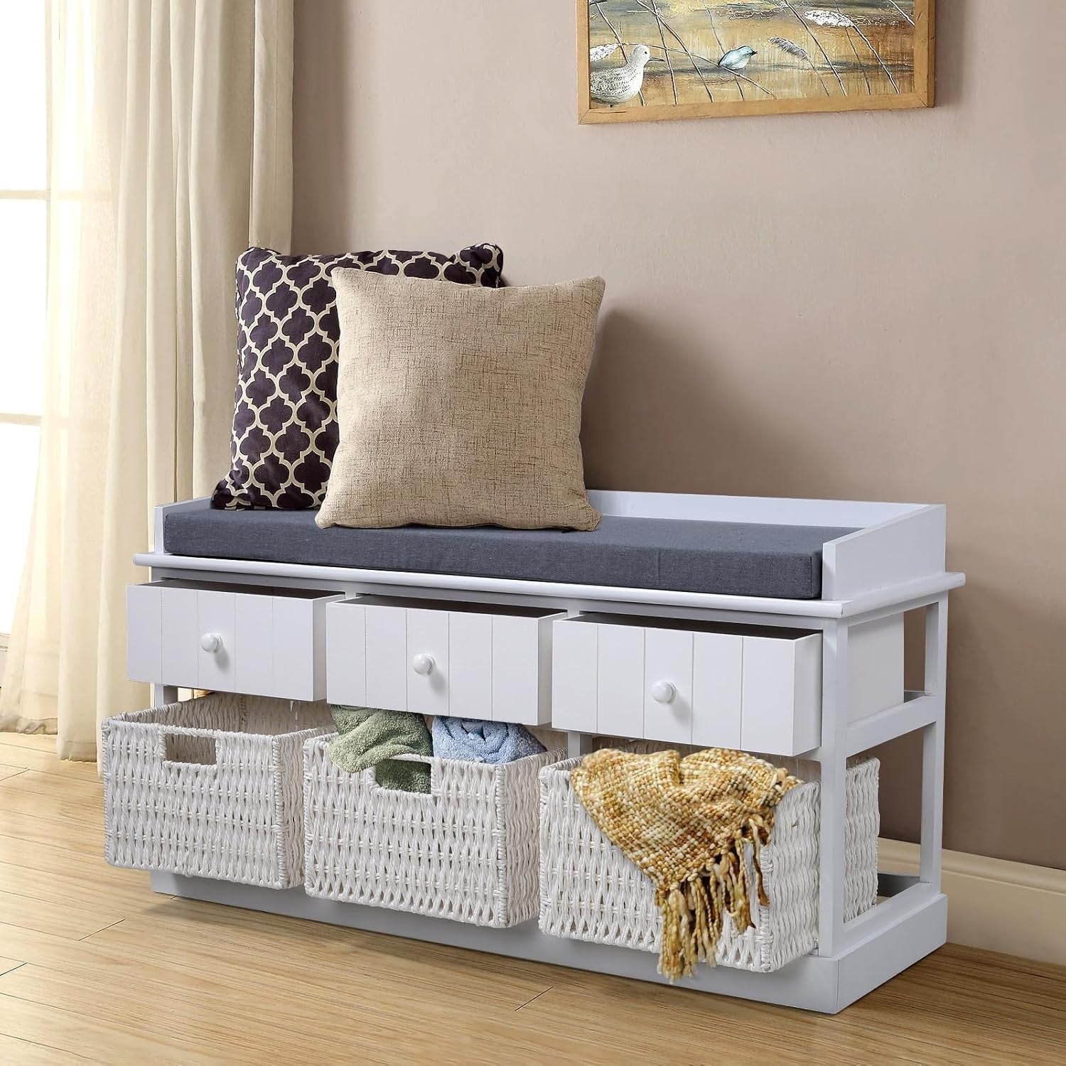 White Storage Bench with Cushion 3 Drawers 3 Wicker Baskets Hallway 100cm