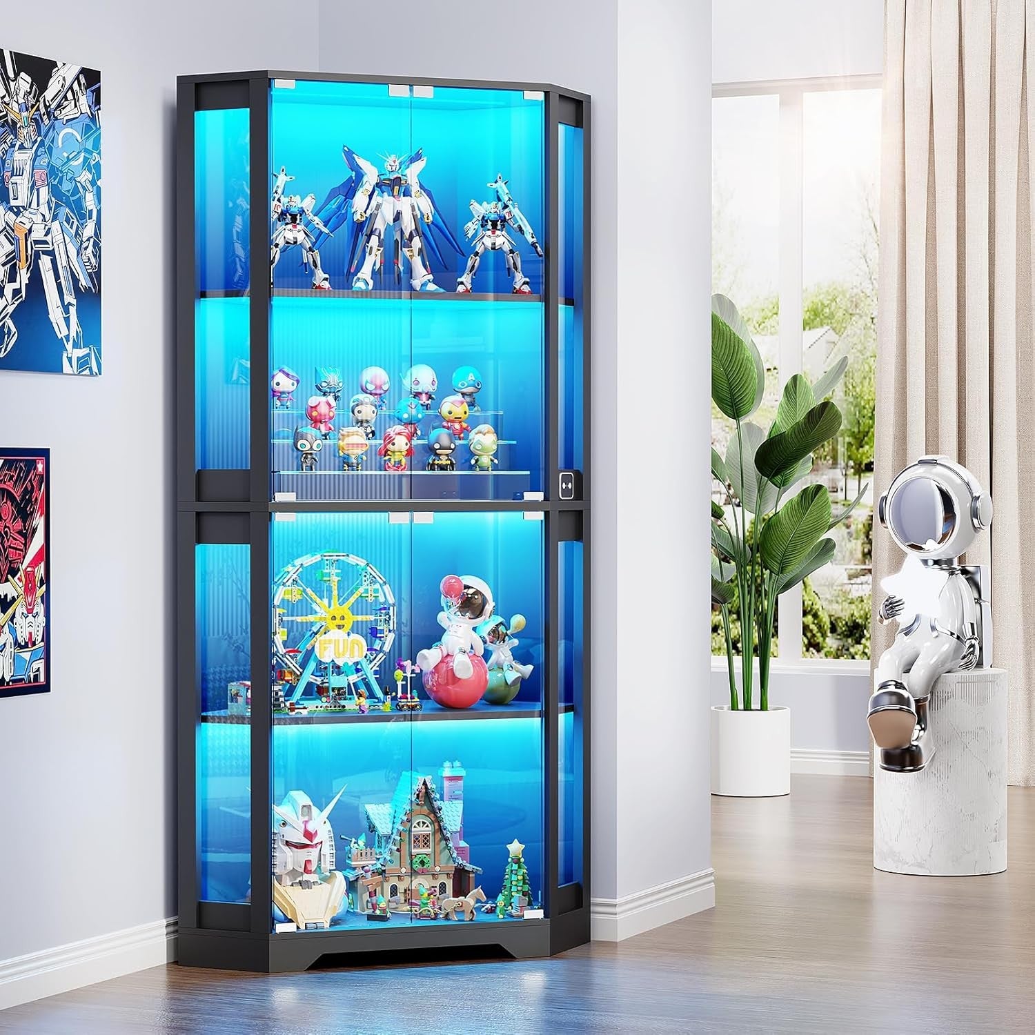 65" Tall LED Display Cabinet Corner Glass Shelves With Sensor Modern Storage