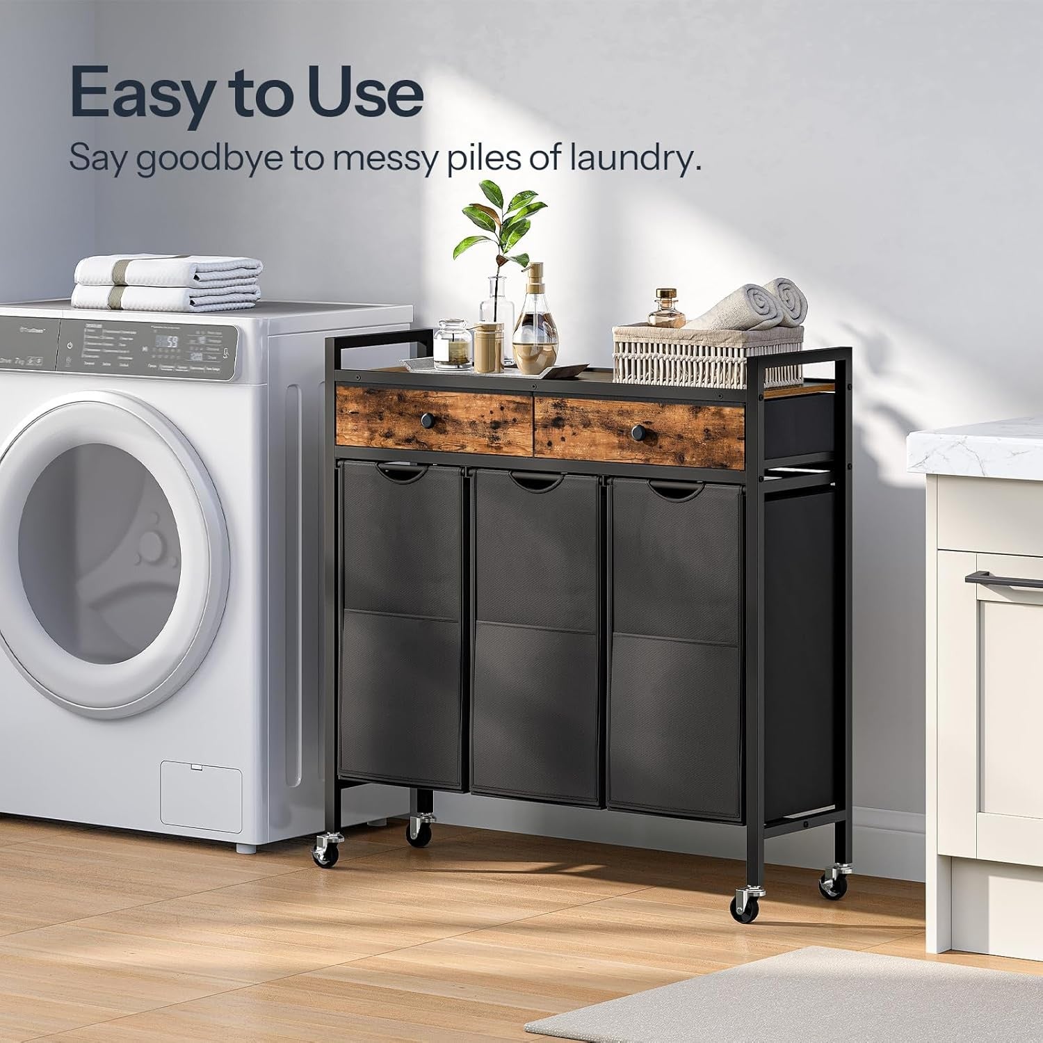 3 Compartment Laundry Sorter on Wheels Rustic Brown Black with Pull Out Bags