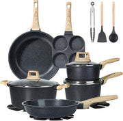 17Pcs Dark Grey Ceramic Non-Stick Cookware Set with Lids & Utensils, PFAS-Free