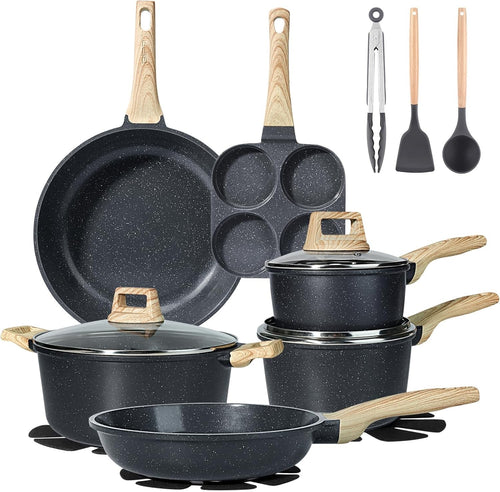 17Pcs Dark Grey Ceramic Non-Stick Cookware Set with Lids & Utensils, PFAS-Free