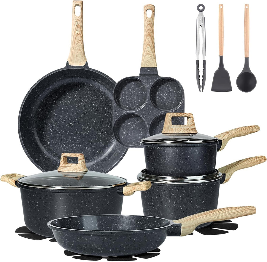 17Pcs Dark Grey Ceramic Non-Stick Cookware Set with Lids & Utensils, PFAS-Free