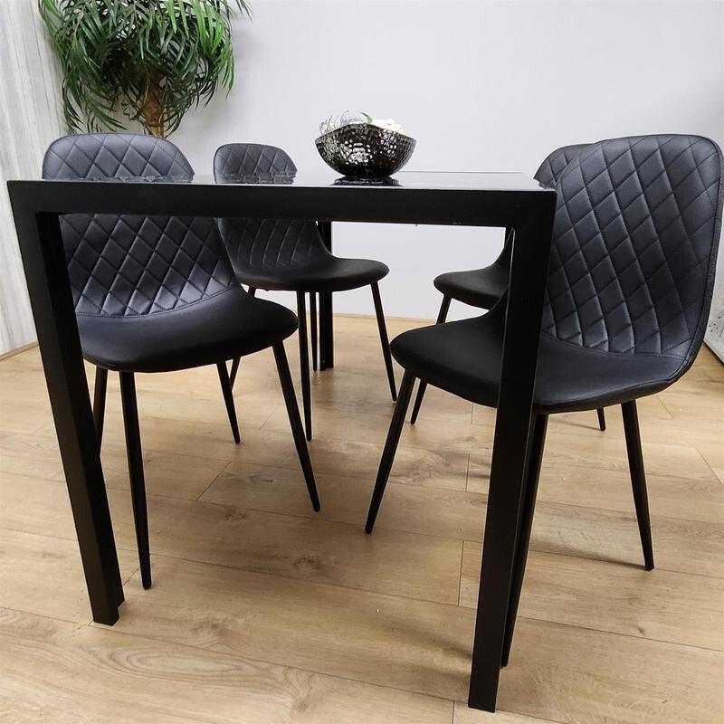 Black Marble Dining Table Set with 4 Leather Chairs Glass Top Kitchen