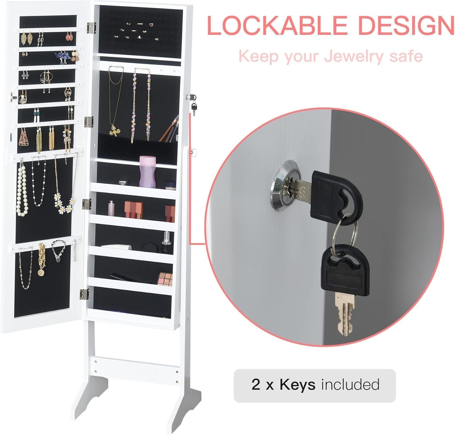 Standing Jewelry Cabinet Full Length Mirror Lockable Storage Organizer White