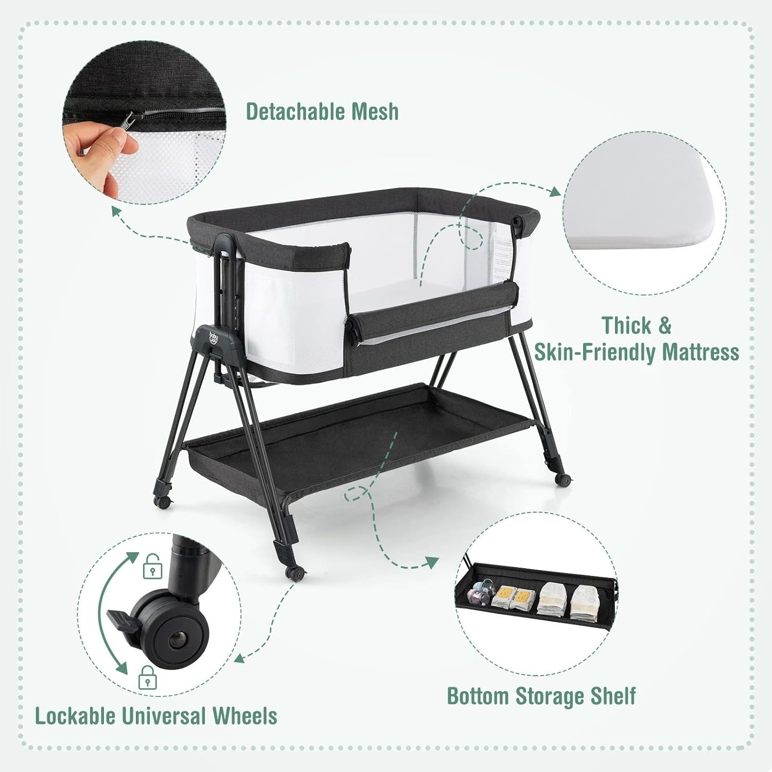 Baby Bedside Crib with Mattress, 7 Height Adjustable, Mesh Sides & Storage Shelf