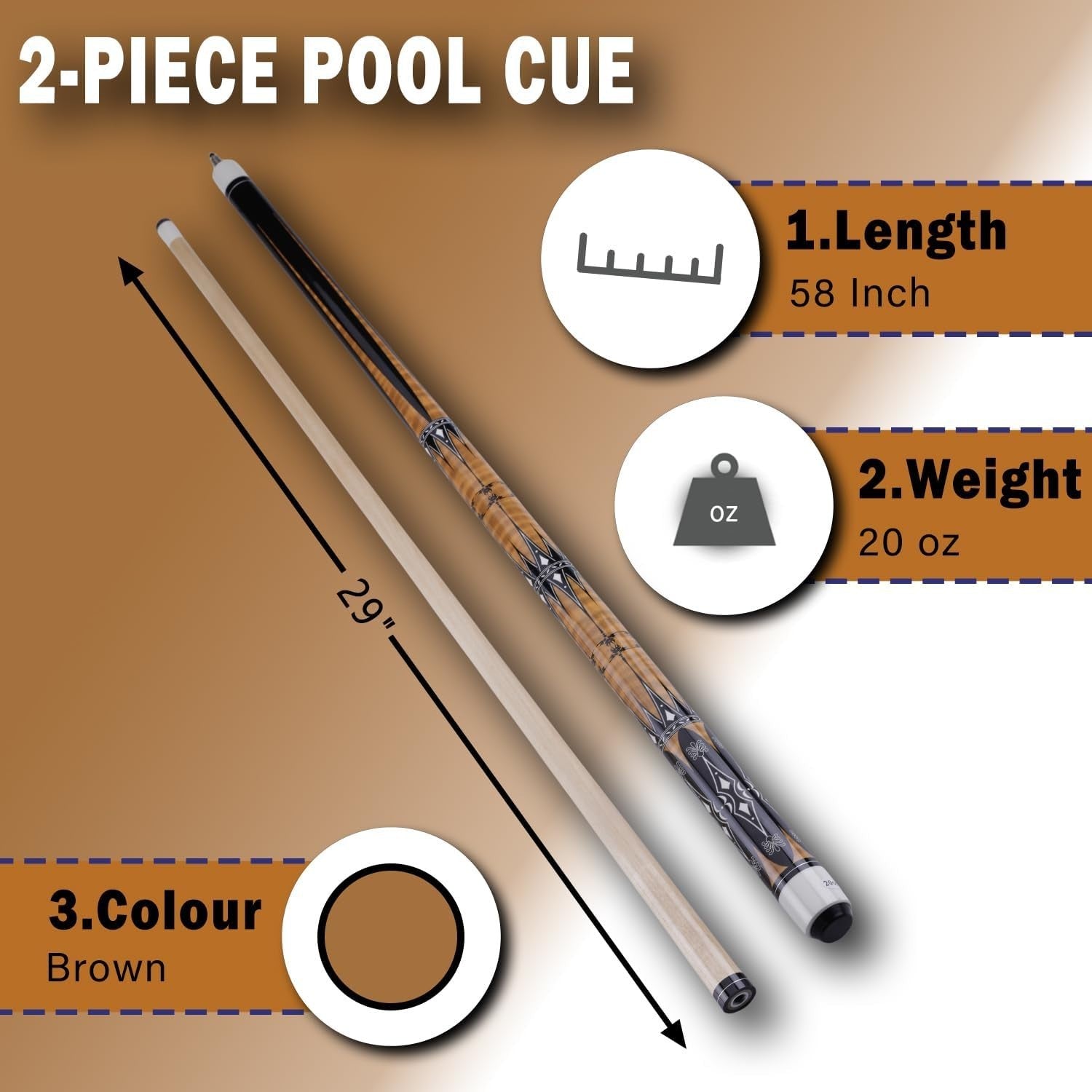 58 Inch 2 Piece Maple Pool Cue 13mm Tip 19oz 20oz Billiard Stick
