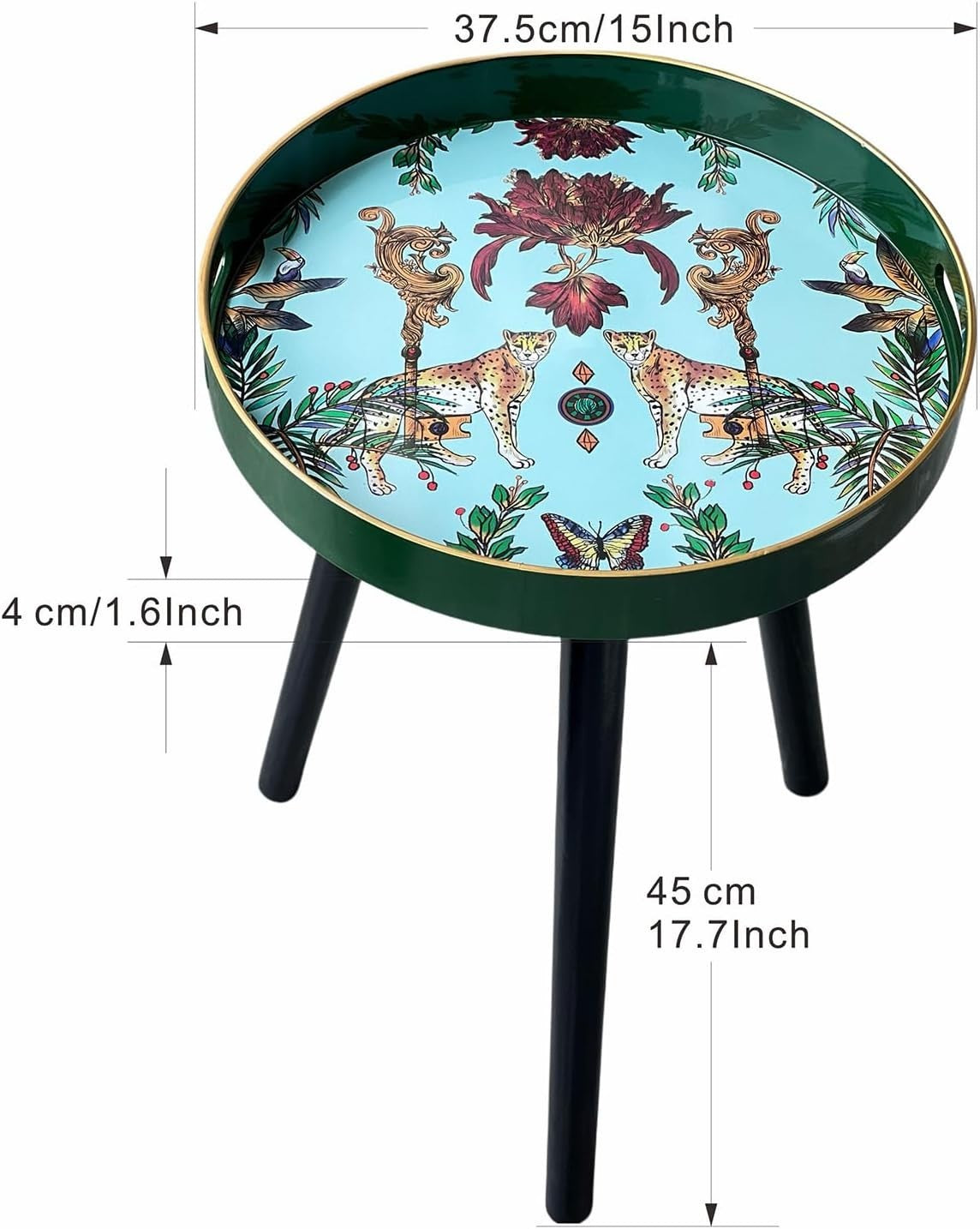 Round Side Table with Detachable Legs – 50x38x38cm Green Leopard