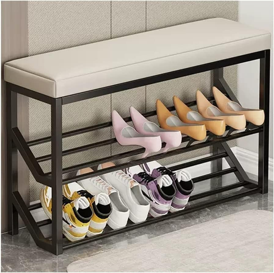 Entryway Shoe Bench 2-Tier Storage Padded Seat Metal Rack Organizer