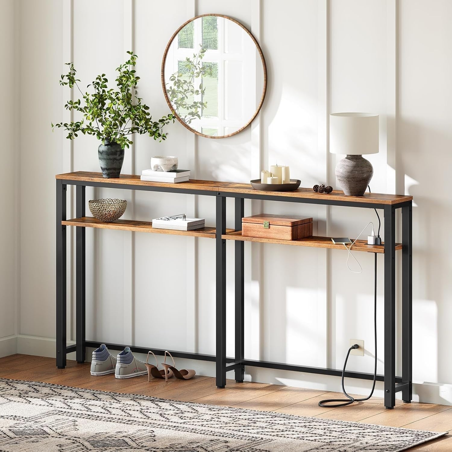 Slim Console Table 180x20x100cm Adjustable Shelf USB Charging Station