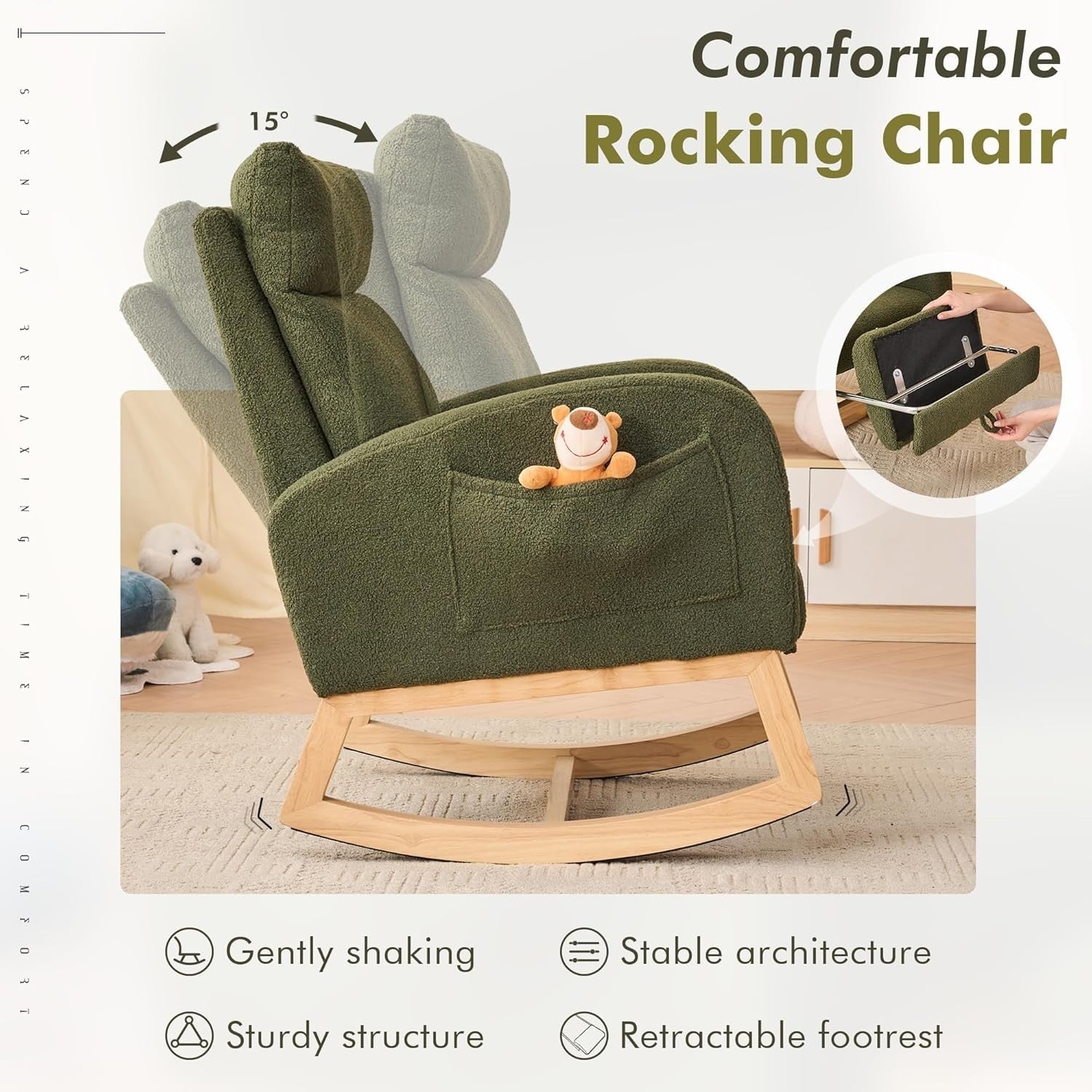 Rocking Chair with Footrest Teddy Fabric, Extra Wide Seat, Full Back Support